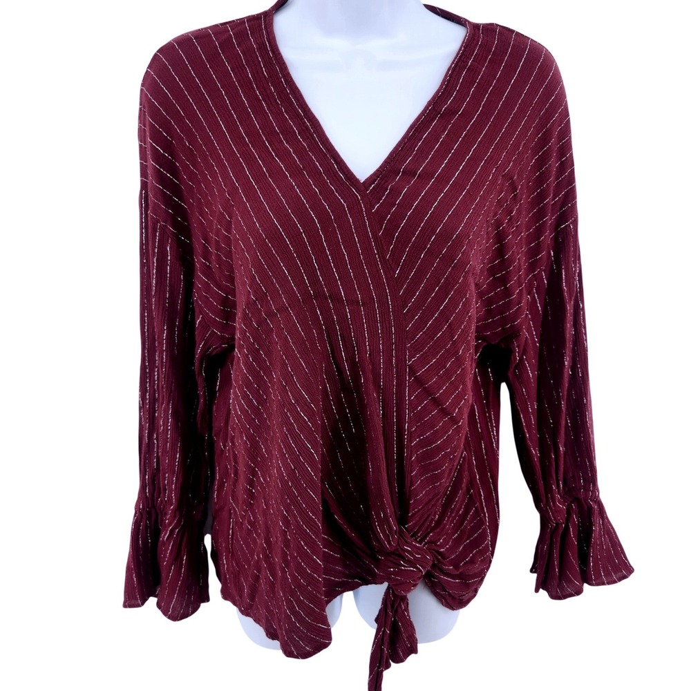 Juicy Couture Burgundy Metallic Ribbed Bell Sleeve Tie Front‎ Top Large Y2K